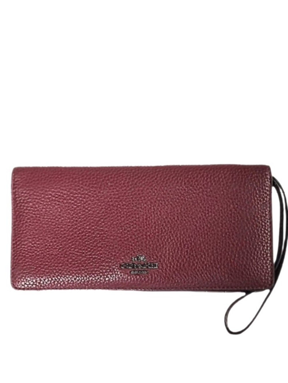 🍒 Coach Black Cherry Red Gunmetal Pebbled Leather Slim Folding Wallet Wristlet